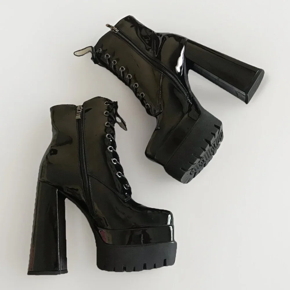 Patent PU Platform Lug Boots Chunky Block High Heel Ankle Boots‎ Size 8
